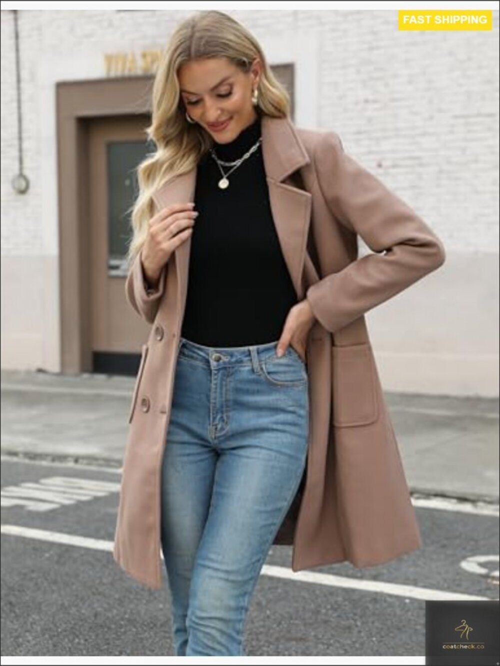 Women Wool Blend Pea Coat Double-Breasted Notch Lapel Long Sleeve Winter Jacket - Picture 2 of 7